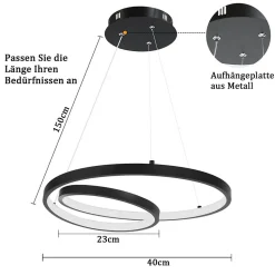 NETTLIFE Suspension LED Aluminium Noir 150cm Dimmable avec Télécommande