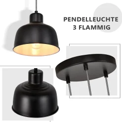 NETTLIFE Suspension Métal Diam.17,8 cm E27 Noir Vintage Industriel Rétro Cuisine Lampe 3 Ampoules pour Salle à Manger