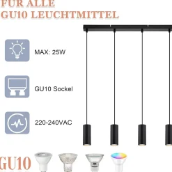 NETTLIFE Suspension métal noir diamètre 60 cm GU10 4 flammes salon industriel salle à manger lampe moderne pour intérieur