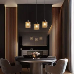 NETTLIFE Suspension métal noir doré E14 Diam.171,5 cm vintage industrielle verre 3 lampes pour salon, bureau, salle à manger