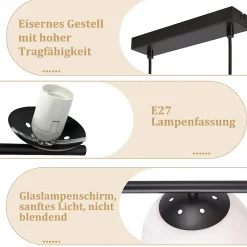 NETTLIFE Suspension noir E27 verre lampe à suspendre 5-flamme lampe de salle à manger moderne 150CM