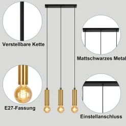 NETTLIFE Suspension or 3 ampoules lampe suspendue - lampe suspendue table à manger E27 industrielle métal suspendue