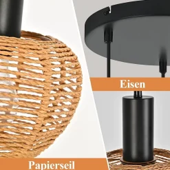 Nettlife Suspension Rotin Boho 3 Lampes - Lustre Vintage Tressé Corde Chanvre E27 (Sans Ampoule)