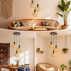 Nettlife Suspension Rotin Boho 3 Lampes - Lustre Vintage Tressé Corde Chanvre E27 (Sans Ampoule)