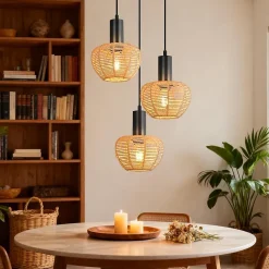 Nettlife Suspension Rotin Boho 3 Lampes - Lustre Vintage Tressé Corde Chanvre E27 (Sans Ampoule)