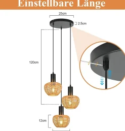 Nettlife Suspension Rotin Boho 3 Lampes - Lustre Vintage Tressé Corde Chanvre E27 (Sans Ampoule)