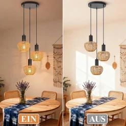 Nettlife Suspension Rotin Boho 3 Lampes - Lustre Vintage Tressé Corde Chanvre E27 (Sans Ampoule)