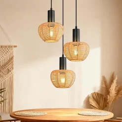 Nettlife Suspension Rotin Boho 3 Lampes - Lustre Vintage Tressé Corde Chanvre E27 (Sans Ampoule)
