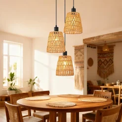 Nettlife Suspension Rotin Boho 3 Lampes - Lustre Vintage Tressé Corde Chanvre E27 (Sans Ampoule)