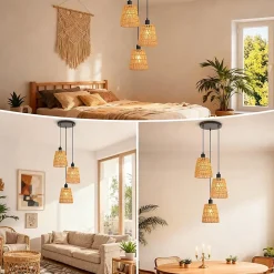 Nettlife Suspension Rotin Boho 3 Lampes - Lustre Vintage Tressé Corde Chanvre E27 (Sans Ampoule)