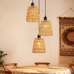 Nettlife Suspension Rotin Boho 3 Lampes - Lustre Vintage Tressé Corde Chanvre E27 (Sans Ampoule)