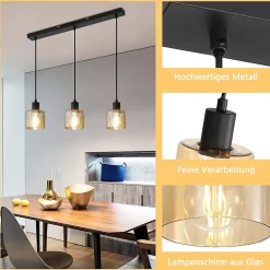 NETTLIFE Suspension table à manger lampe suspendue vintage 3 ampoules suspendues E27 métal noir rétro industriel