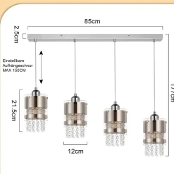 NETTLIFE Suspension Table à manger Moderne Verre Suspension 4 Flammes Suspendue 150CM Réglable en hauteur Cristal E27