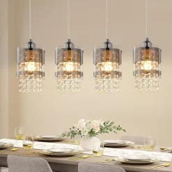 NETTLIFE Suspension Table à manger Moderne Verre Suspension 4 Flammes Suspendue 150CM Réglable en hauteur Cristal E27
