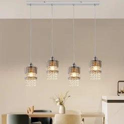 NETTLIFE Suspension Table à manger Moderne Verre Suspension 4 Flammes Suspendue 150CM Réglable en hauteur Cristal E27