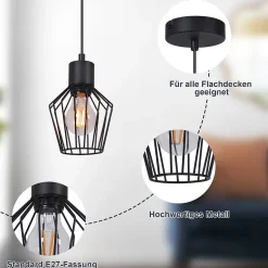 NETTLIFE Suspension table à manger suspension noire suspension E27 1 flamme métal