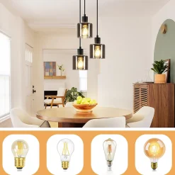 NETTLIFE Suspension Verre Noir Diam.26cm E27 Salon 3 Ampoules Lampe de Salle à Manger Vintage Lampe Réglable en Hauteur