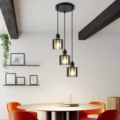 NETTLIFE Suspension Verre Noir Diam.26cm E27 Salon 3 Ampoules Lampe de Salle à Manger Vintage Lampe Réglable en Hauteur