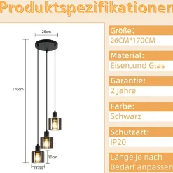 NETTLIFE Suspension Verre Noir Diam.26cm E27 Salon 3 Ampoules Lampe de Salle à Manger Vintage Lampe Réglable en Hauteur