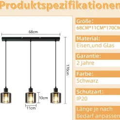 NETTLIFE Suspension Verre Noir Diam.68 cm E27 Vintage 3 Ampoules Lampe de Salle à Manger Lampe à Industrielle Rétro