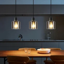 NETTLIFE Suspension Verre Noir Diam.68 cm E27 Vintage 3 Ampoules Lampe de Salle à Manger Lampe à Industrielle Rétro