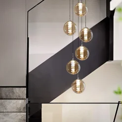 NETTLIFE Suspension verre Diam.31cm G9 ambre table à manger boule réglable en hauteur 6 lampes dans la cuisine