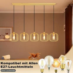 Nettlife Suspension Vintage 5 Lumières, Lustre Salle à Manger en Verre et Métal, Rétro E27 Réglable en Hauteur(sans Ampoules)
