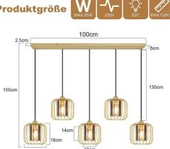 Nettlife Suspension Vintage 5 Lumières, Lustre Salle à Manger en Verre et Métal, Rétro E27 Réglable en Hauteur(sans Ampoules)