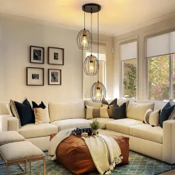 Nettlife Suspension Vintage 3 Lampes - Lustre Industriel Métal Noir & Bois E27 - Cuisine Salle à Manger Salon (Sans Ampoule)