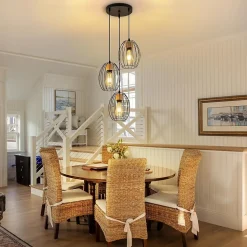 Nettlife Suspension Vintage 3 Lampes - Lustre Industriel Métal Noir & Bois E27 - Cuisine Salle à Manger Salon (Sans Ampoule)