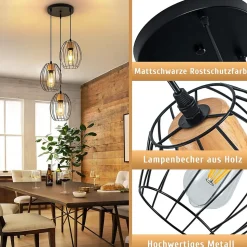 Nettlife Suspension Vintage 3 Lampes - Lustre Industriel Métal Noir & Bois E27 - Cuisine Salle à Manger Salon (Sans Ampoule)
