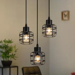 Nettlife Suspension Vintage 3 Lampes - Lustre Métal Noir E14 Rétro - Hauteur Réglable Cuisine Salle à Manger (Sans Ampoule)