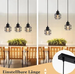 Nettlife Suspension Vintage 3 Lampes - Lustre Métal Noir E14 Rétro - Hauteur Réglable pour Salle à Manger Salon (Sans Ampoule)