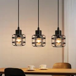 Nettlife Suspension Vintage 3 Lampes - Lustre Métal Noir E14 Rétro - Hauteur Réglable pour Salle à Manger Salon (Sans Ampoule)
