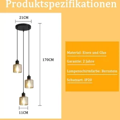 NETTLIFE Suspension Vintage 3 Ampoules E27 Noir Rétro Industriel