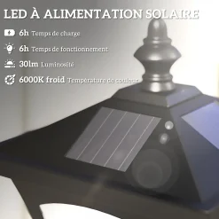 Outsunny Luminaire extérieur solaire lampadaire lanterne classique LED 10 Lm dim. 15L x 15l x 120H cm noir