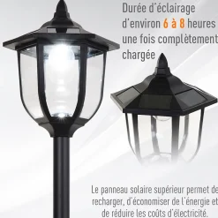 Outsunny Luminaire extérieur solaire lampadaire lanterne classique LED 60 Lm max. dim. 26L x 26l x 177H cm noir