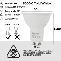 Pack de 10 Ampoules LED GU10 7W 45 SMD2835 665lm 220V 6000K Blanc Froid Sans Scintillement