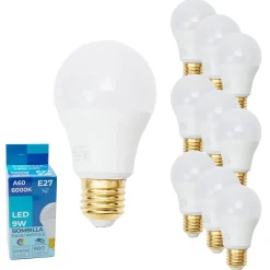 Pack de 10 Ampoules LED OSRAM Chips LED E27 A60 9W IRC90 900 Lumens Eyeconfort Sans Scintillement 6000K Blanc Froid