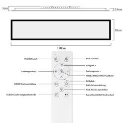 Panneau de plafond LED NETTLIFE 120x30cm. Intensité et couleur RVB variables avec télécommande. 39 W, noir.