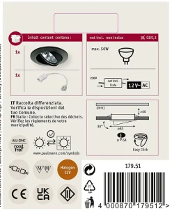 Paulmann 17951 Spot encastrable LED GU5.3 50 W noir brillant orientable
