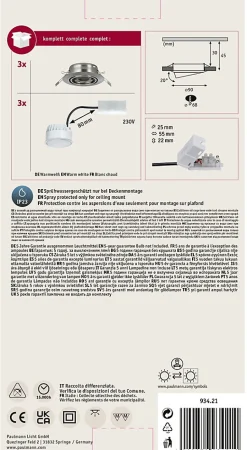 Paulmann Base 93421 - Lot de 3 spots encastrables LED 3x5W 3000K fer brossé