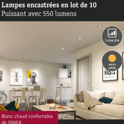 Paulmann pack 10 spots encastrables LED 4,8 W blanc mat 3000 K dim 3 niveaux