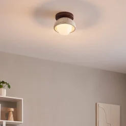 Petit éclairage en pierre naturelle bois et verre rond dépoli - Pietra