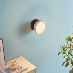 Petit éclairage en pierre naturelle bois et verre rond dépoli - Pietra