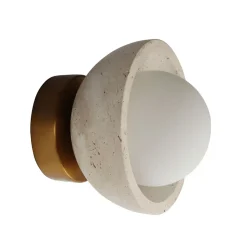 Petit éclairage en pierre naturelle bois et verre rond dépoli - Pietra