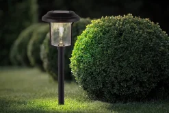 Piquet de terre décoratif solaire 'SIMON' 54,7 cm de haut, en métal noir et verre structuré, LED intégrée, blanc chaud