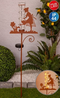 Piquet de terre solaire LED Compteur eau de pluie H 95cm extérieur métal verre plastique brun LED intégrée
