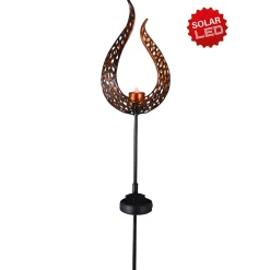 Piquet de terre solaire LED 'Flamme' - piquet de terre extérieur en métal et plastique marron, avec LED intégrée