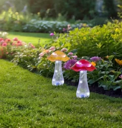 Piquets solaires MANTAR set de 2 D 13cm H 29cm plastique rouge jaune clair LED blanc froid